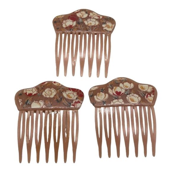 Vintage Pink 3 Hair Combs Signed Made in West Germany Flowers Floral Print